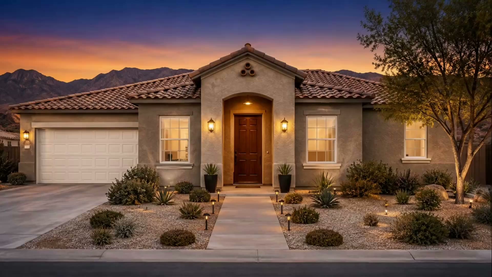Southwestern-style home facade in Las Vegas, Nevada, at sunset